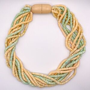 Vintage Pastel Painted Wooden Bead Necklace in Twisted Design. Unique Closure